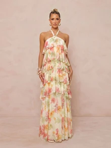 Lumalex Summer Floral Print Strapless Spaghetti Strap Multi-Layer Asymmetric Exaggerated Ruffle Hem Beach Vacation-To-Gala Versatility: Quiet Luxury Cream - Multicolor - View 7