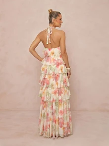 Lumalex Summer Floral Print Strapless Spaghetti Strap Multi-Layer Asymmetric Exaggerated Ruffle Hem Beach Vacation-To-Gala Versatility: Quiet Luxury Cream - Multicolor - View 3