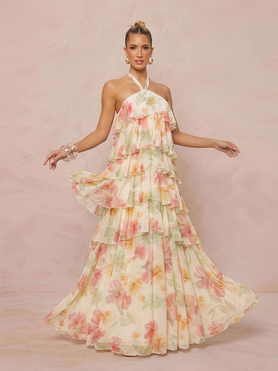 Lumalex Summer Floral Print Strapless Spaghetti Strap Multi-Layer Asymmetric Exaggerated Ruffle Hem Beach Vacation-To-Gala Versatility: Quiet Luxury Cream
