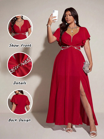 Viva Relle Plus Size Women's Elegant Romantic V-Neck Short Sleeve Flowing Dress, Spring/Summer