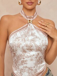 Lumalex 女士棕白波点夏季优雅茶会吊带露背不对称下摆背心，金属装饰，尽显迷人印花奢华派对风情 - 彩色 - 查看 5