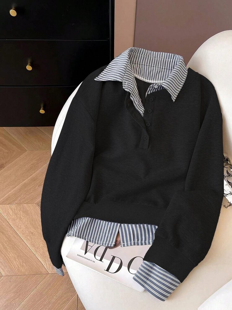 INAWLY Women's Casual Striped Patchwork Sweatshirt, Autumn/Winter - Black - View 1