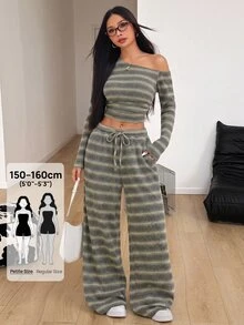 SHEIN PETITE 女款軍綠色單肩針織上衣與長褲兩件套 - 軍綠色 - 查看 5