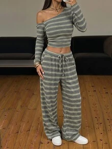 SHEIN PETITE 女款軍綠色單肩針織上衣與長褲兩件套 - 軍綠色 - 查看 8