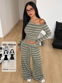 SHEIN PETITE 女款軍綠色單肩針織上衣與長褲兩件套 - 軍綠色 - 查看 1