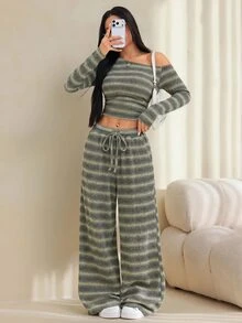 SHEIN PETITE 女款軍綠色單肩針織上衣與長褲兩件套 - 軍綠色 - 查看 6