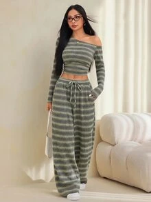 SHEIN PETITE 女款軍綠色單肩針織上衣與長褲兩件套 - 軍綠色 - 查看 10