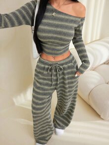 SHEIN PETITE 女款軍綠色單肩針織上衣與長褲兩件套 - 軍綠色 - 查看 7