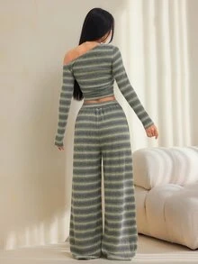 SHEIN PETITE 女款軍綠色單肩針織上衣與長褲兩件套 - 軍綠色 - 查看 2