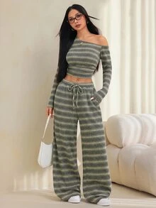 SHEIN PETITE 女款軍綠色單肩針織上衣與長褲兩件套 - 軍綠色 - 查看 9