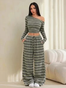 SHEIN PETITE 女款軍綠色單肩針織上衣與長褲兩件套 - 軍綠色 - 查看 3