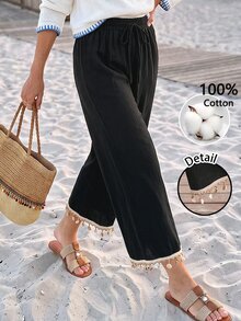 Sylviya Casual 100 Cotton Contrast Tape Hem Drawstring Waist Wide Leg Pants Beach Black Autumn Casual Autumn Clothes - Black - View 1