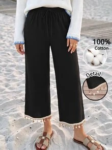 Sylviya Casual 100 Cotton Contrast Tape Hem Drawstring Waist Wide Leg Pants Beach Black Autumn Casual Autumn Clothes - Black - View 4