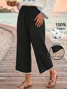 Sylviya Casual 100 Cotton Contrast Tape Hem Drawstring Waist Wide Leg Pants Beach Black Autumn Casual Autumn Clothes - Black - View 3
