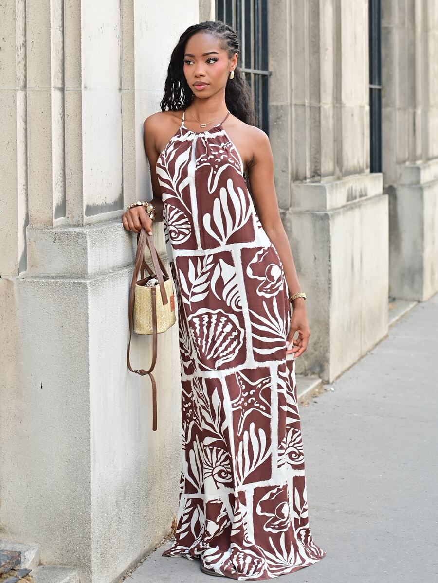 Mima John Women's Brown And Cream Summer Boho Beach Vacation Holiday Linen-Feel Dress, Beaded Backless Spaghetti Strap Ocean Print Loose Casual Dress - Multicolor - View 1