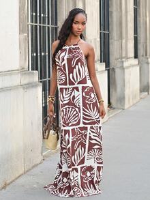 Mima John Women's Brown And Cream Summer Boho Beach Vacation Holiday Linen-Feel Dress, Beaded Backless Spaghetti Strap Ocean Print Loose Casual Dress - Multicolor - View 5