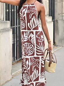 Mima John Women's Brown And Cream Summer Boho Beach Vacation Holiday Linen-Feel Dress, Beaded Backless Spaghetti Strap Ocean Print Loose Casual Dress - Multicolor - View 3