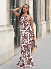 Mima John Women's Brown And Cream Summer Boho Beach Vacation Holiday Linen-Feel Dress, Beaded Backless Spaghetti Strap Ocean Print Loose Casual Dress - Multicolor - View 4