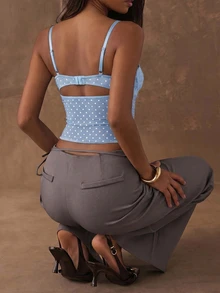 SHEIN BAE 女士时尚性感蕾丝拼接波点印花吊带背心 - 淺藍色 - 查看 2
