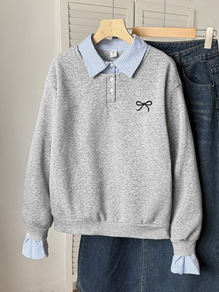 SHEIN Teen Girls Teen Girl Autumn/Winter Casual Retro Preppy Style Striped Patchwork 2 In 1 Half-Zip Pullover Bow Embroidery Sweatshirt, Youth Fashion Outfit, Suitable For Back To School, Autumn/Winter Streetwear, Daily Wear - Grey - View 4