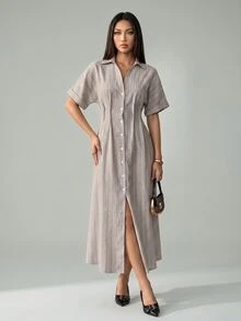 SHEIN PETITE 女款時尚條紋長袖領口通勤洋裝 - 杏色 - 查看 10
