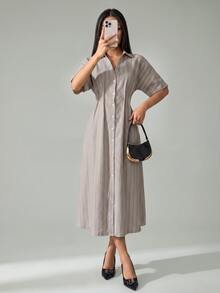 SHEIN PETITE 女款時尚條紋長袖領口通勤洋裝 - 杏色 - 查看 3