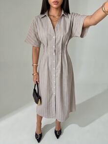 SHEIN PETITE 女款時尚條紋長袖領口通勤洋裝 - 杏色 - 查看 4
