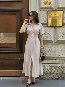 SHEIN PETITE 女款時尚條紋長袖領口通勤洋裝 - 杏色 - 查看 7