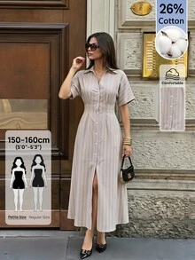 SHEIN PETITE 女款時尚條紋長袖領口通勤洋裝 - 杏色 - 查看 5
