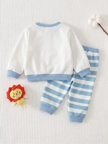 Cozy Pixies Baby Boy Cartoon Lion Pattern Knitted Soft Crew Neck Long Sleeve Pullover Sweatshirt And Elastic Waist Long Autumn Pants 2-Piece Set - Multicolor - View 2