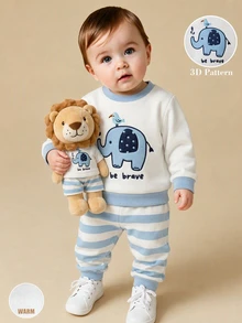 Cozy Pixies Baby Boy Cartoon Lion Pattern Knitted Soft Crew Neck Long Sleeve Pullover Sweatshirt And Elastic Waist Long Autumn Pants 2-Piece Set - Multicolor - View 6