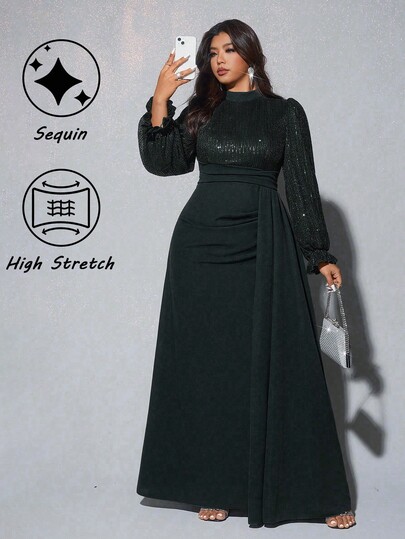 Viva Relle Plus Size Women's Elegant Sequin Embellished Long Sleeve Waist Flare Dress, Suitable For Banquet, Party, Wedding Guest, New Year, Christmas Fall