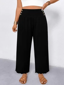 EMERY ROSE Plus Size Women's Casual Loose Waist-Cinching Ruffle Hem Wide Leg Knit Pants, Versatile Everyday Style Fall - Black - View 7