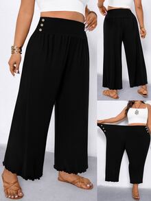 EMERY ROSE Plus Size Women's Casual Loose Waist-Cinching Ruffle Hem Wide Leg Knit Pants, Versatile Everyday Style Fall - Black - View 6