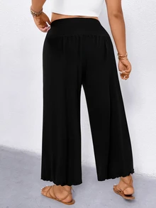EMERY ROSE Plus Size Women's Casual Loose Waist-Cinching Ruffle Hem Wide Leg Knit Pants, Versatile Everyday Style Fall - Black - View 2