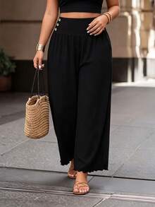 EMERY ROSE Plus Size Women's Casual Loose Waist-Cinching Ruffle Hem Wide Leg Knit Pants, Versatile Everyday Style Fall - Black - View 3