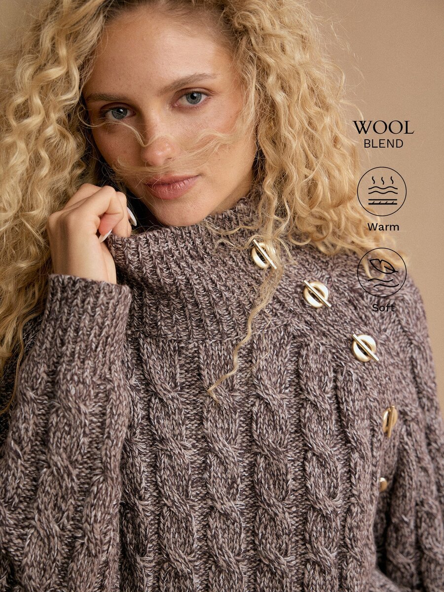 MOTF PREMIUM MID-LENGTH CABLE KNIT SWEATER WITH EXQUISITE METAL BUCKLE AND HIGH NECK - Coffee Brown - View 1