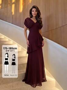 SHEIN Tall Women's Elegant Burgundy Chiffon Maxi Dress With Deep V-Neck And Ruffles (Tall Fit) Wedding Dinner Summer - Burgundy - View 10
