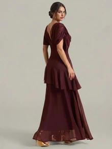 SHEIN Tall Women's Elegant Burgundy Chiffon Maxi Dress With Deep V-Neck And Ruffles (Tall Fit) Wedding Dinner Summer - Burgundy - View 4