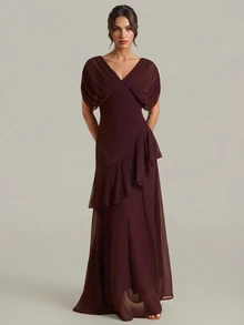 SHEIN Tall Women's Elegant Burgundy Chiffon Maxi Dress With Deep V-Neck And Ruffles (Tall Fit) Wedding Dinner Summer - Burgundy - View 12