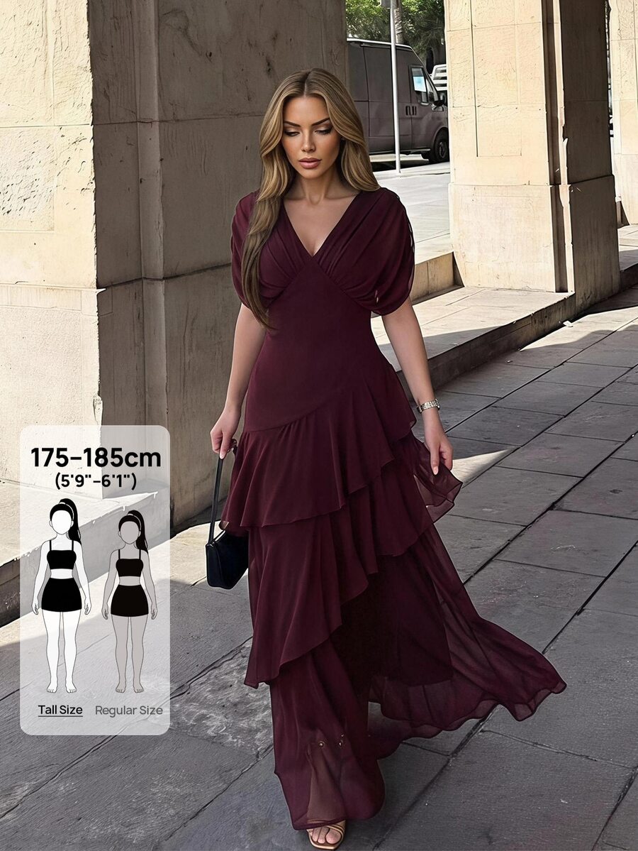 SHEIN Tall Women's Elegant Burgundy Chiffon Maxi Dress With Deep V-Neck And Ruffles (Tall Fit) Wedding Dinner Summer - Burgundy - View 1
