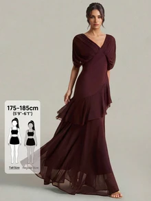 SHEIN Tall Women's Elegant Burgundy Chiffon Maxi Dress With Deep V-Neck And Ruffles (Tall Fit) Wedding Dinner Summer - Burgundy - View 5