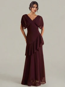 SHEIN Tall Women's Elegant Burgundy Chiffon Maxi Dress With Deep V-Neck And Ruffles (Tall Fit) Wedding Dinner Summer - Burgundy - View 9