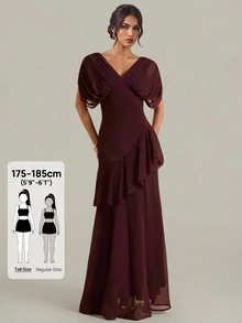 SHEIN Tall Women's Elegant Burgundy Chiffon Maxi Dress With Deep V-Neck And Ruffles (Tall Fit) Wedding Dinner Summer - Burgundy - View 11