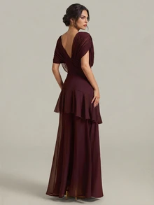 SHEIN Tall Women's Elegant Burgundy Chiffon Maxi Dress With Deep V-Neck And Ruffles (Tall Fit) Wedding Dinner Summer - Burgundy - View 2