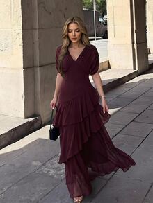 SHEIN Tall Women's Elegant Burgundy Chiffon Maxi Dress With Deep V-Neck And Ruffles (Tall Fit) Wedding Dinner Summer - Burgundy - View 8