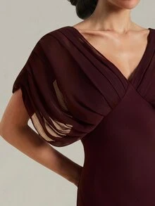 SHEIN Tall Women's Elegant Burgundy Chiffon Maxi Dress With Deep V-Neck And Ruffles (Tall Fit) Wedding Dinner Summer - Burgundy - View 3