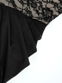 NOVVYNE Damen Schwarzes Blumenmuster Strick Kurzarm Spitze Patchwork Tailliert gerafft Bodycon elegantes romantisches Kleid Hochzeit Abendessen Cocktail Sommer - Schwarz - Übersicht 9