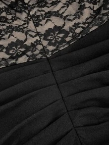 NOVVYNE Damen Schwarzes Blumenmuster Strick Kurzarm Spitze Patchwork Tailliert gerafft Bodycon elegantes romantisches Kleid Hochzeit Abendessen Cocktail Sommer - Schwarz - Übersicht 11