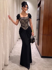 NOVVYNE Damen Schwarzes Blumenmuster Strick Kurzarm Spitze Patchwork Tailliert gerafft Bodycon elegantes romantisches Kleid Hochzeit Abendessen Cocktail Sommer - Schwarz - Übersicht 8
